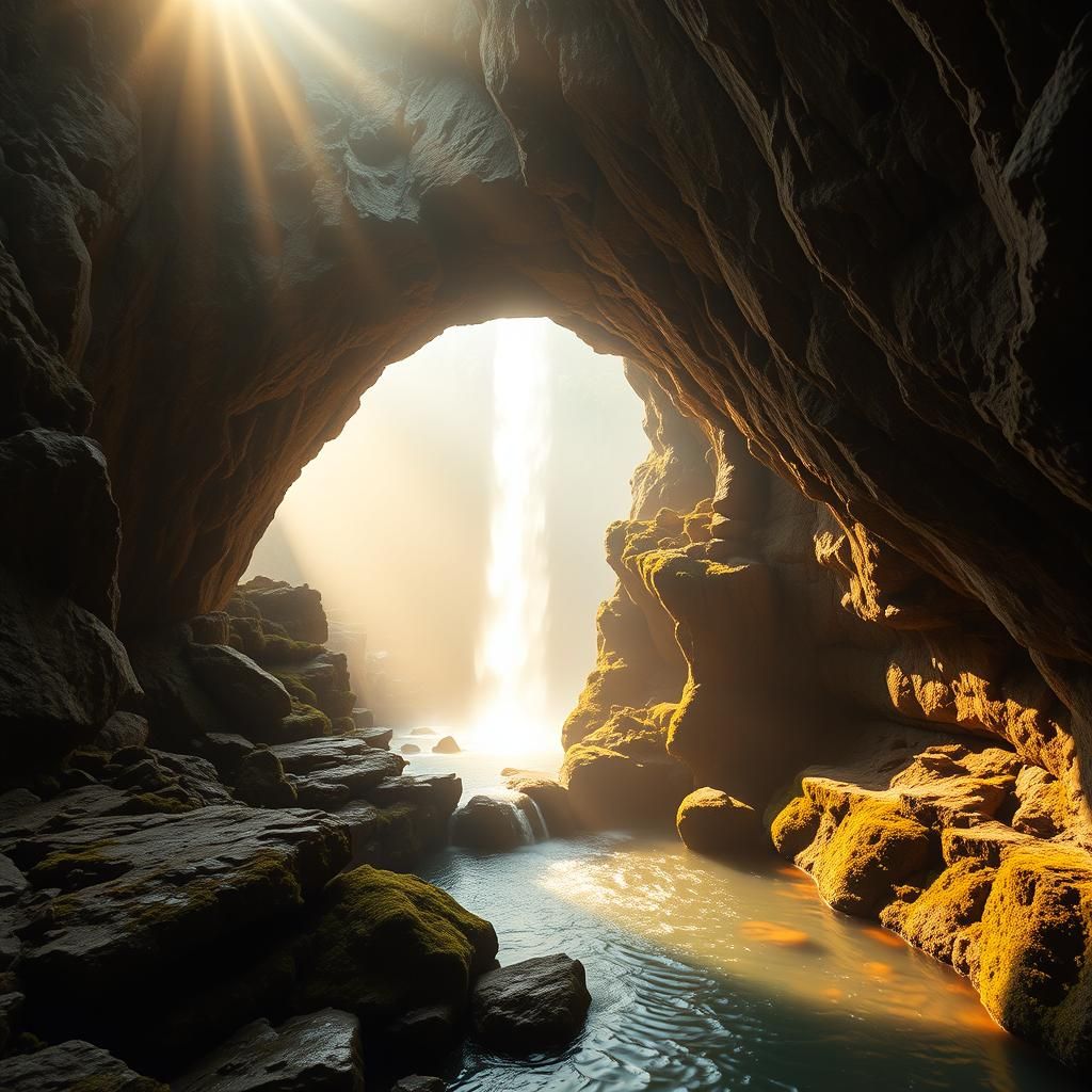 Impossible Cantilever Rock Formation with Waterfall
