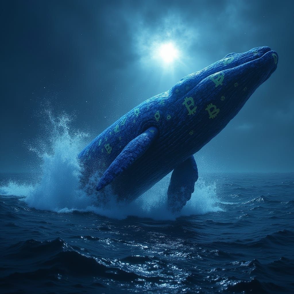 Colossal Blue Whale Breaching with Bitcoin Logos