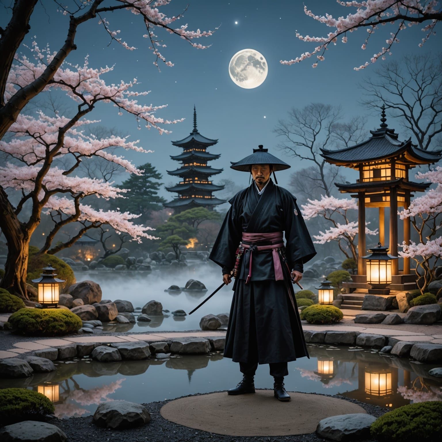 Spectral Samurai in Moonlit Zen Garden