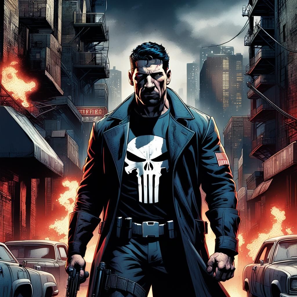 Punisher in Burning Cityscape Comic Book Art
