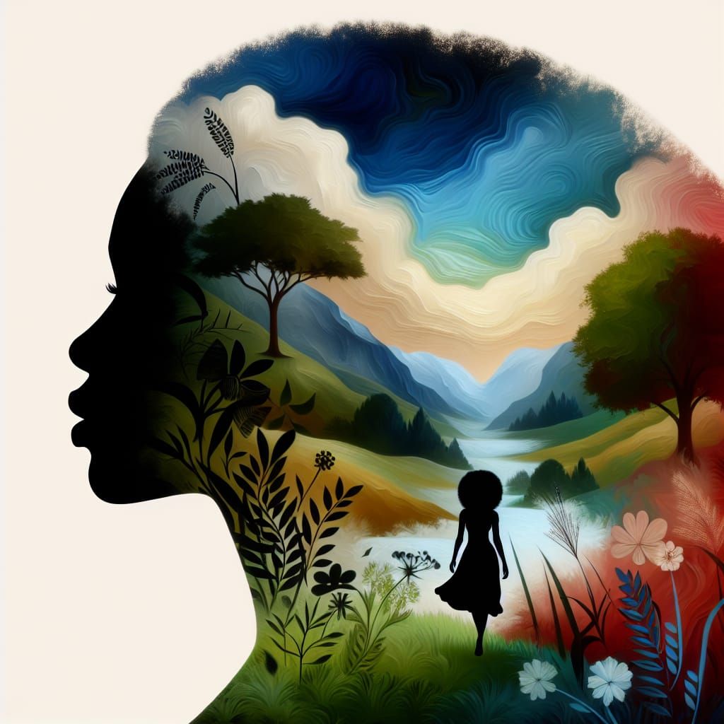 Serene Black Woman Silhouette Amidst Vibrant Countryside Lan...