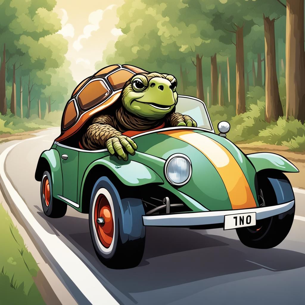 Anthropomorphic Tortoise Driving a Classic Racecar
