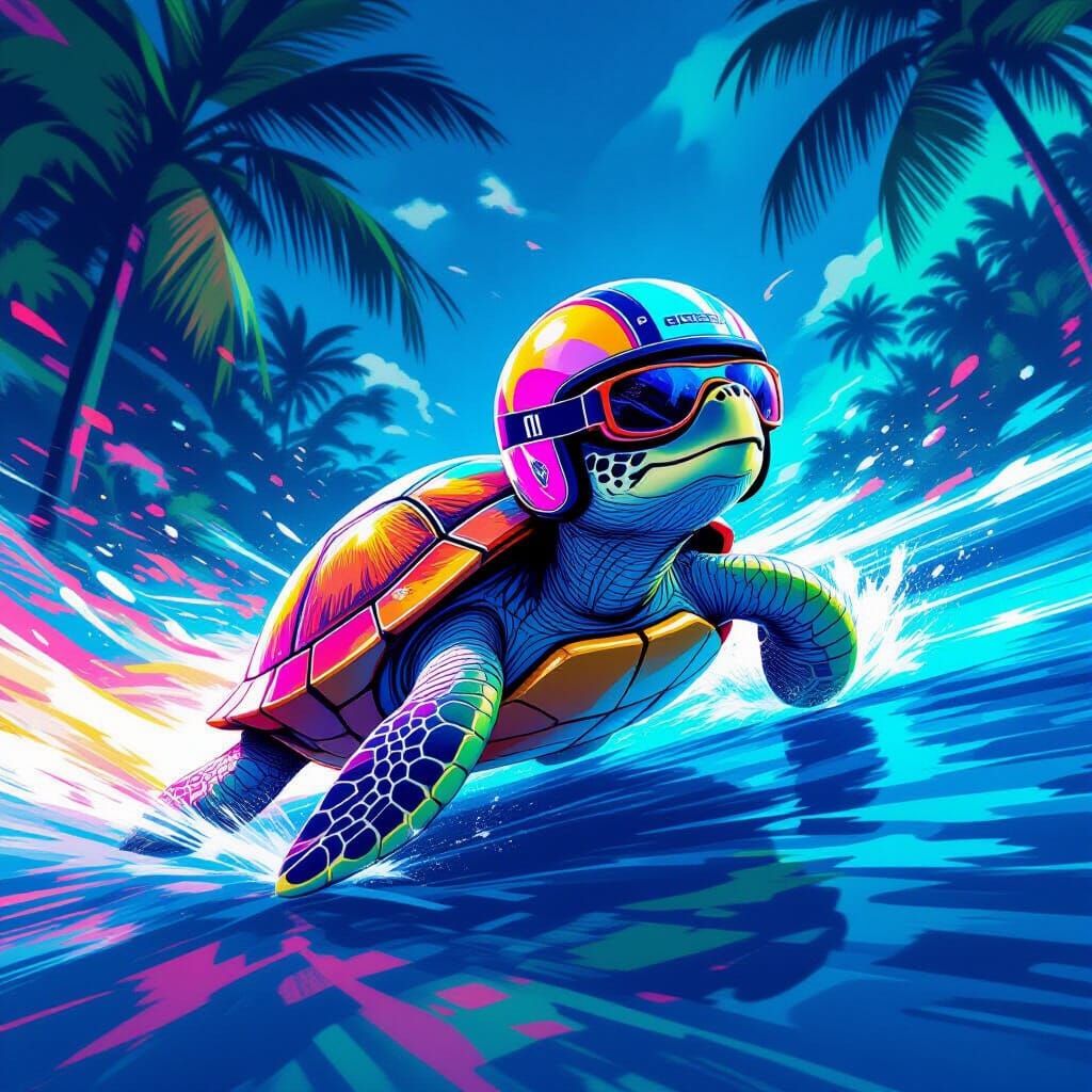 Speedy Turtle Races Through Tropical Ocean in Futuristic Sty...