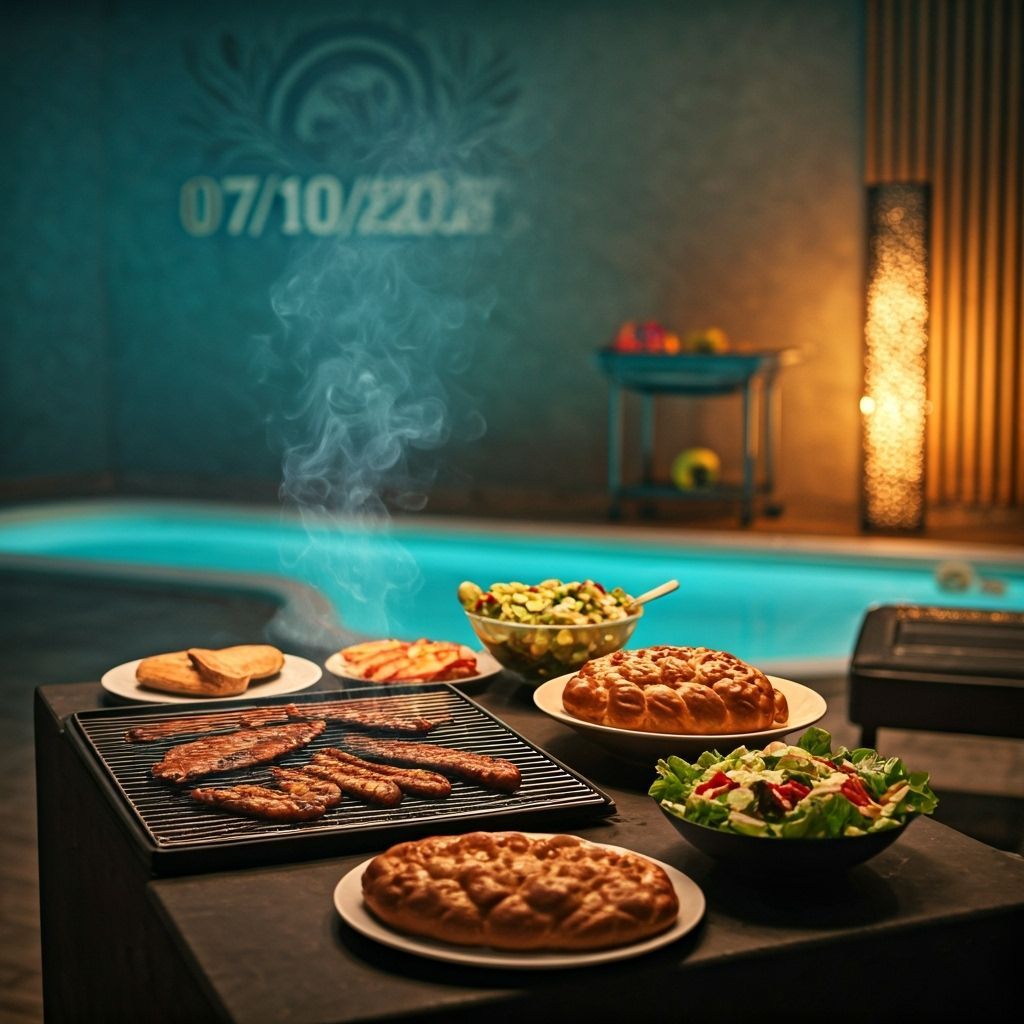 Vibrant Indoor Pool Scene with Shabbat Feast