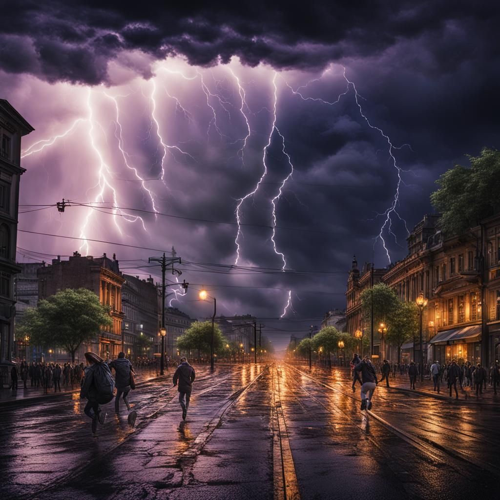 Dramatic Storm Scene of People Fleeing Burning City