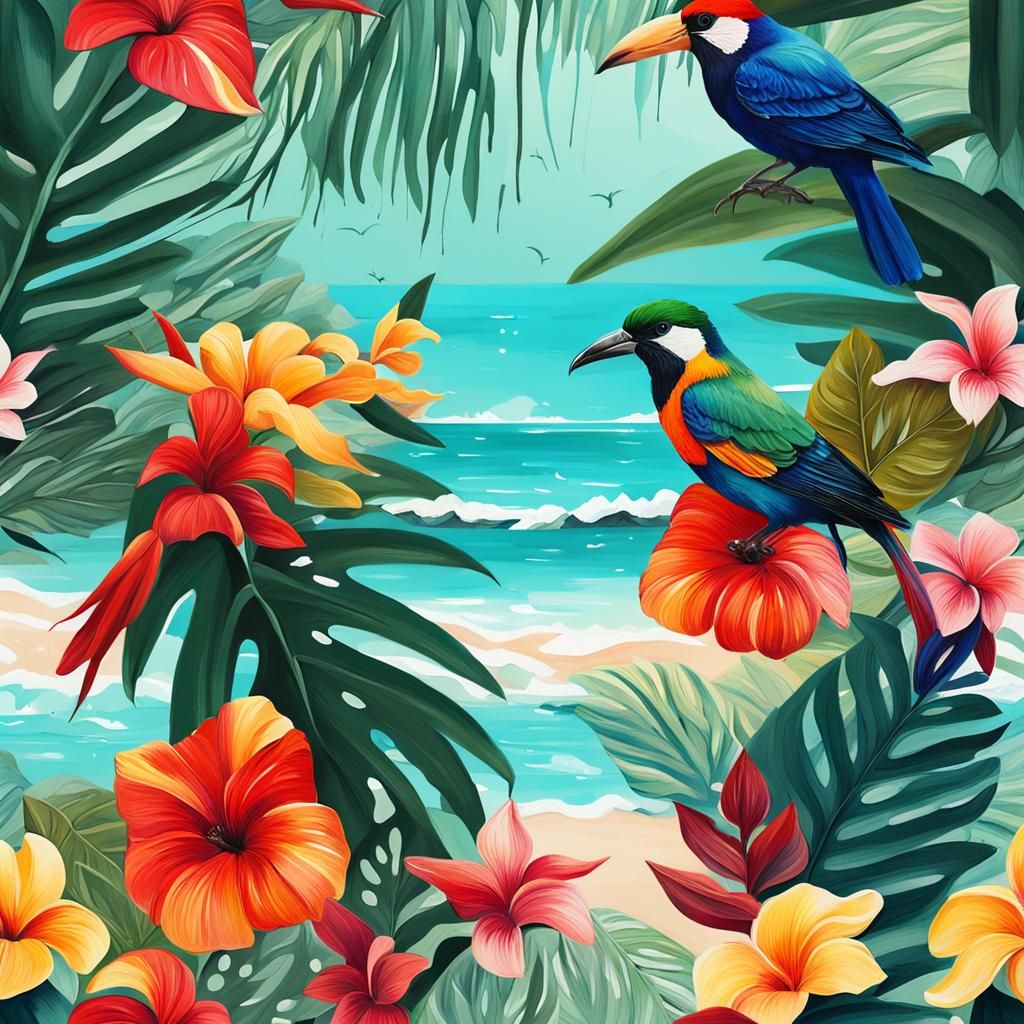 Tropical Beach Acrylic Painting with Flowers and Birds