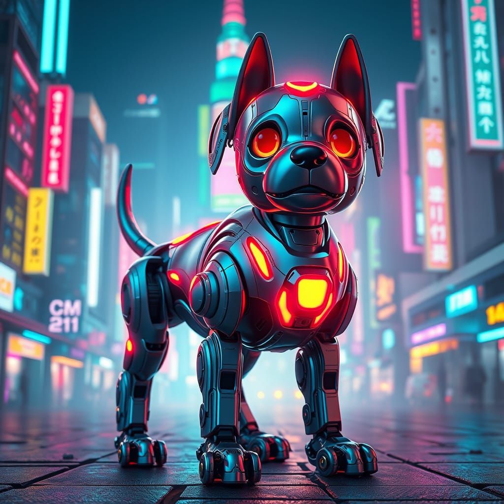 Heroic Neon-Lit Robotic Dog in Futuristic Cityscape