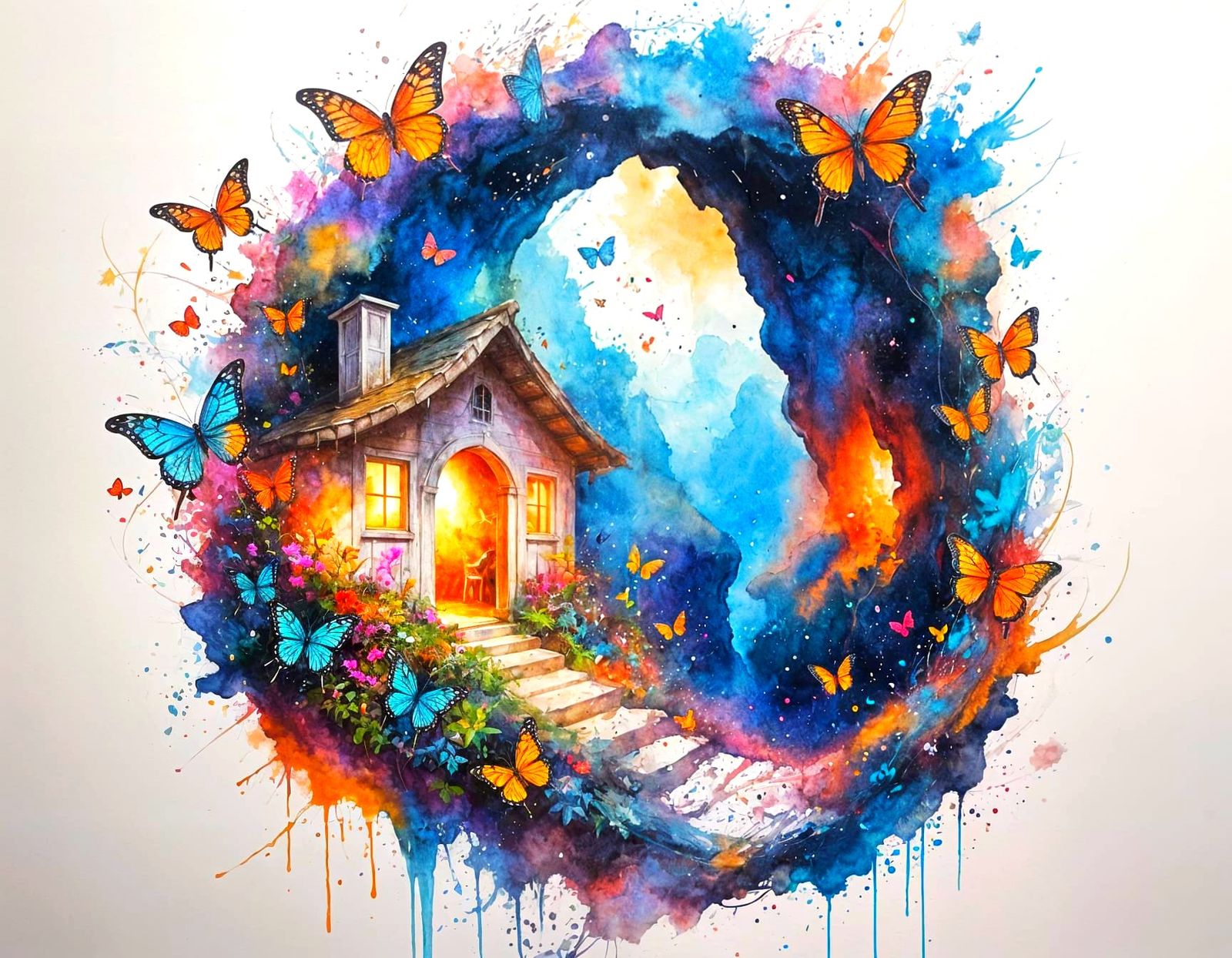 Vibrant Cave Snake with Butterflies and House, Stylized Wate...