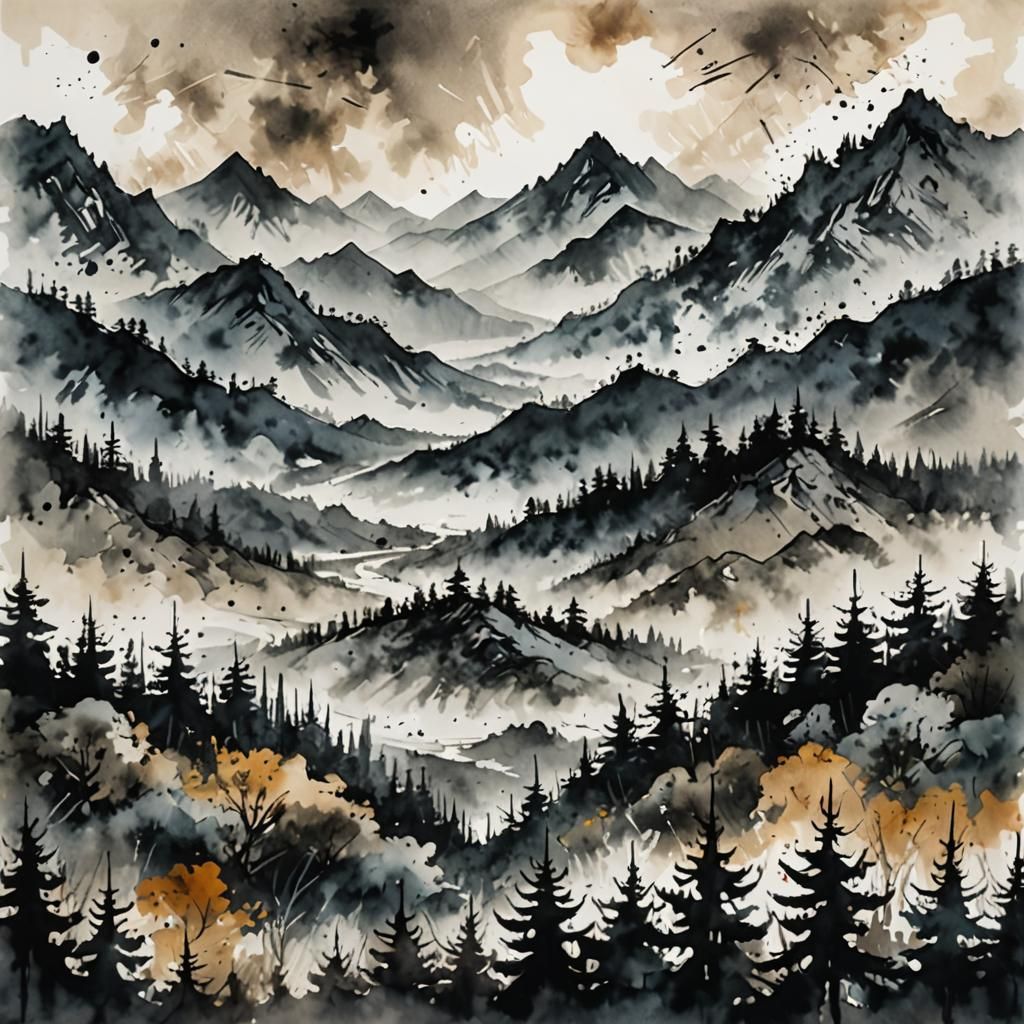 Abstract Ink Landscape with Jagged Mountains