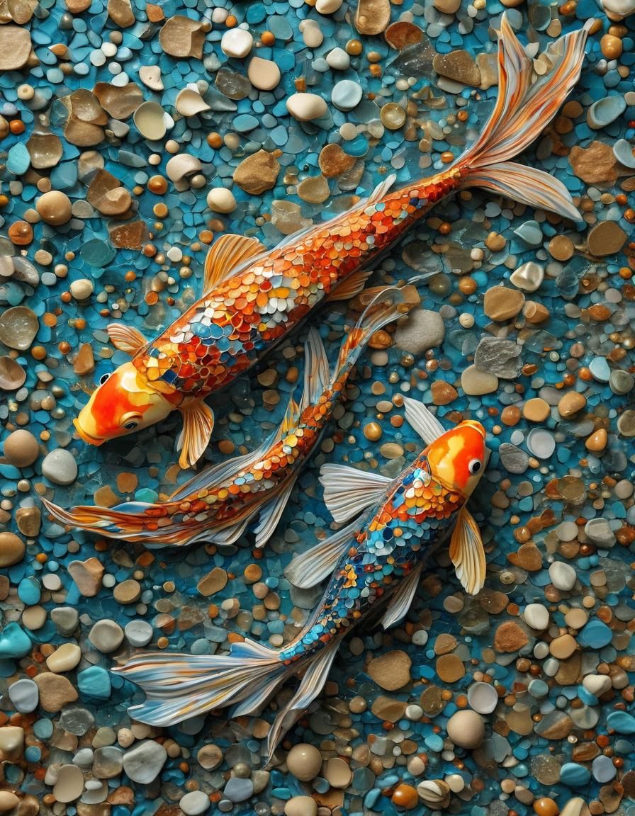 Koi Fish in Surreal Mosaic Diorama