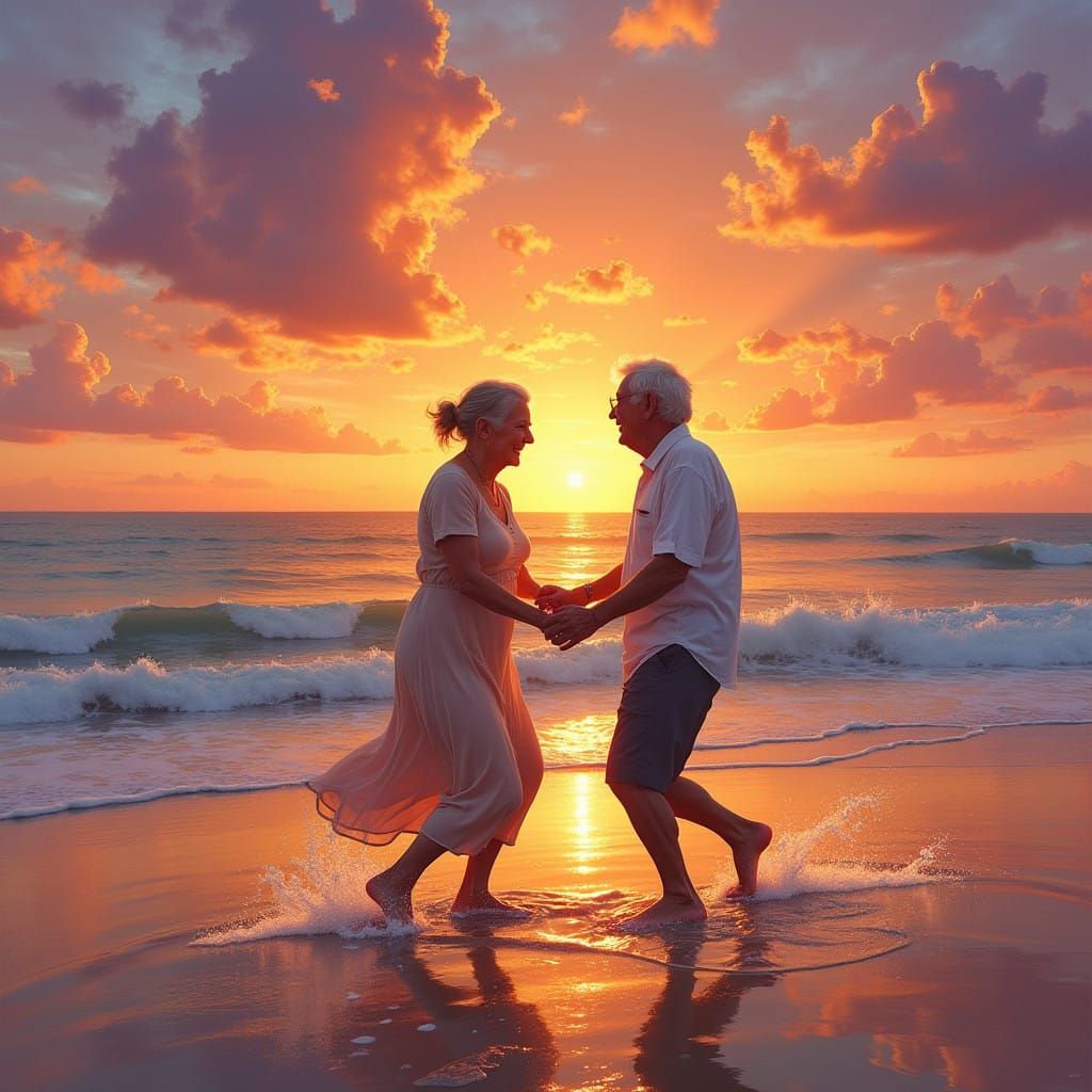 Elderly Couple Dances on Serene Beach at Sunset