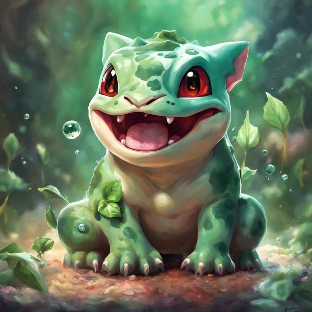 Bulbasaur Babysitting Growlithe: Hyperrealistic Splash Art