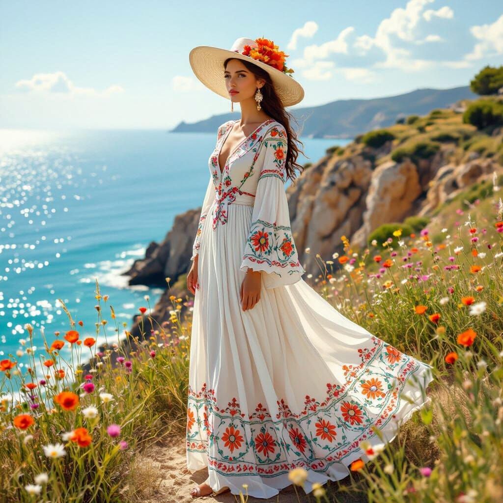 Woman on Sunlit Cliffs in Art Nouveau Style