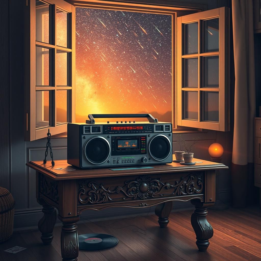 Retro Boombox on Oak Table in Synthwave Style