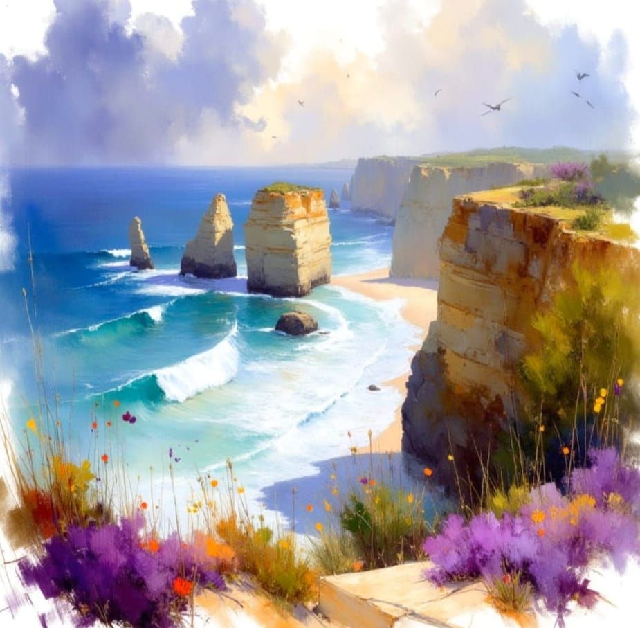Ocean Cliffs with Rock Arch in Impressionist Watercolour