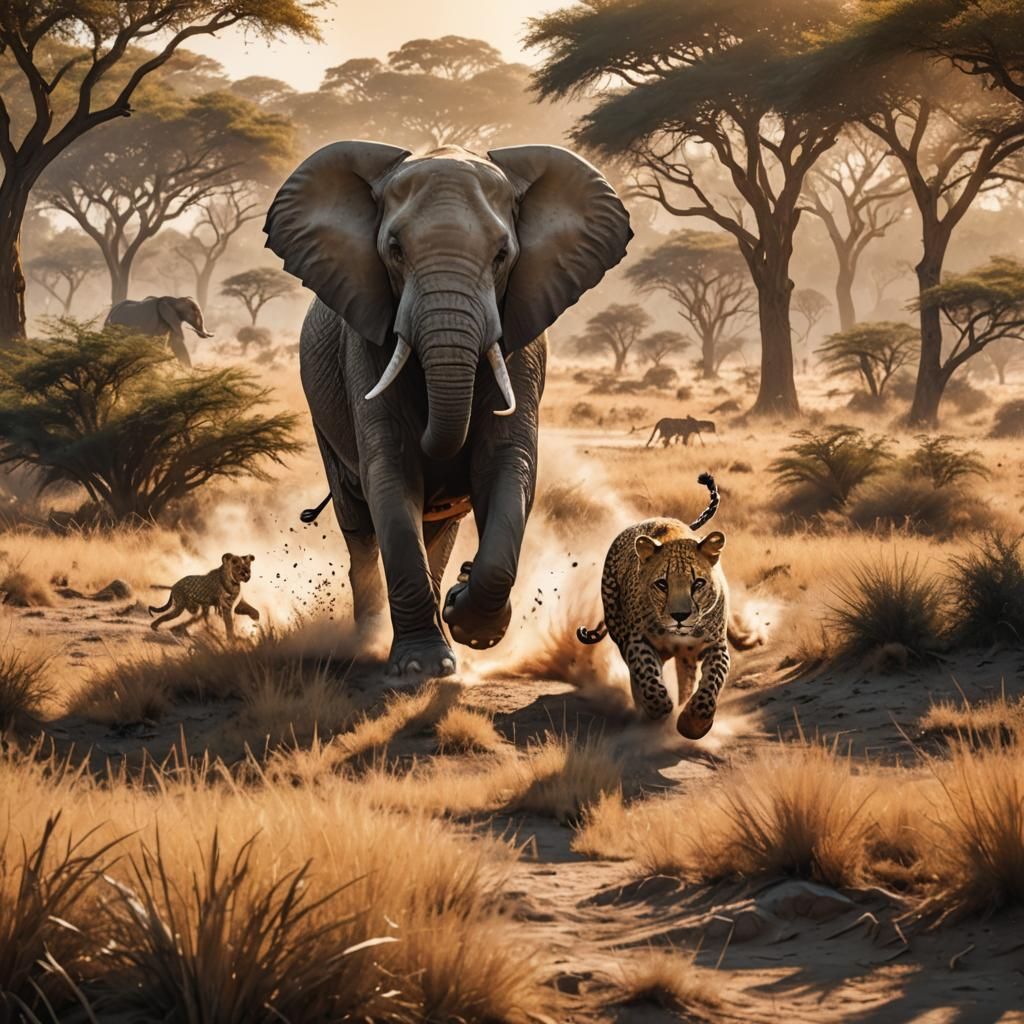Elephant's Escape: Wildlife Art in Golden Light