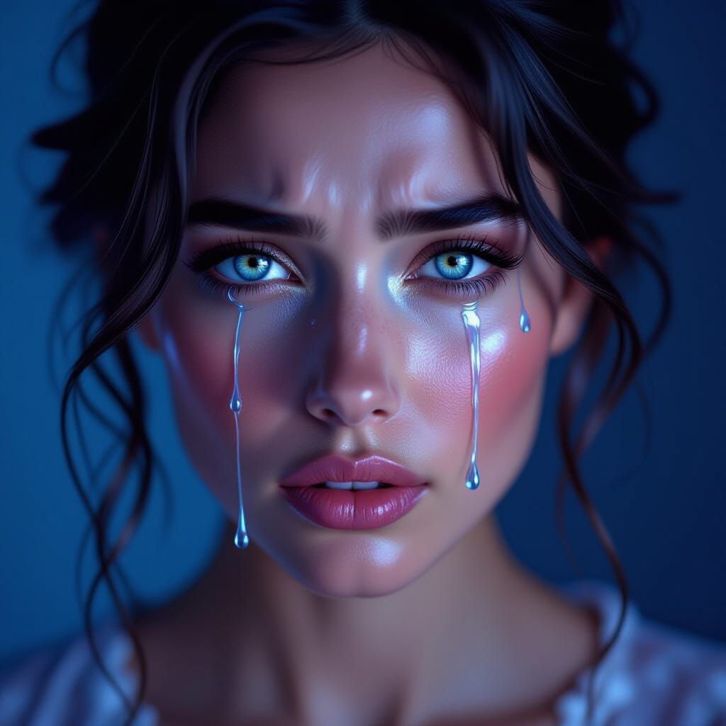 Emotional Portrait of Liquid Tears in Chiaroscuro