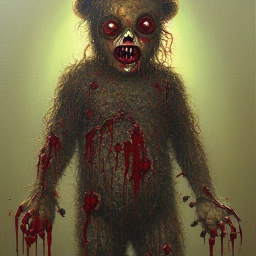 Horror: Zombie Teddy Bear in Bloody Oil Painting