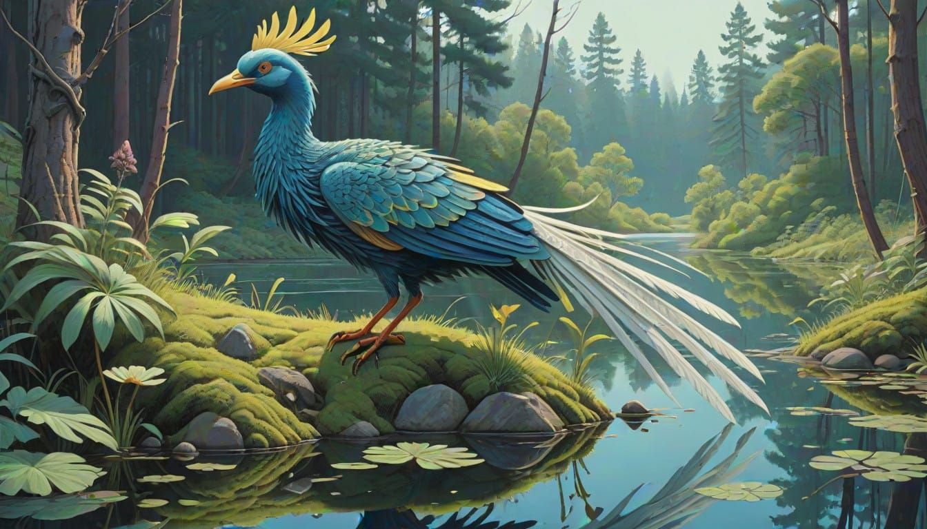 Ethereal Bird Amidst Whimsical Forest