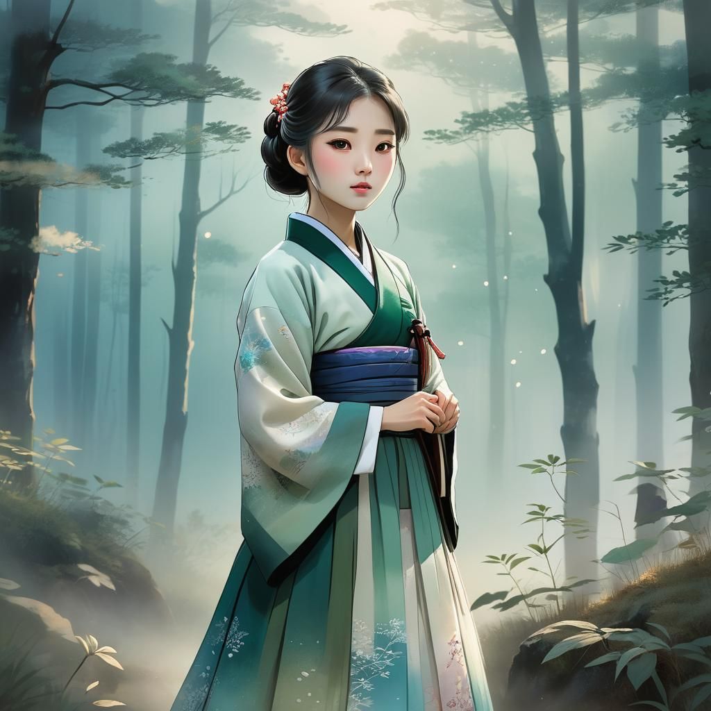 North Korean Girl in Misty Forest, Anime Style