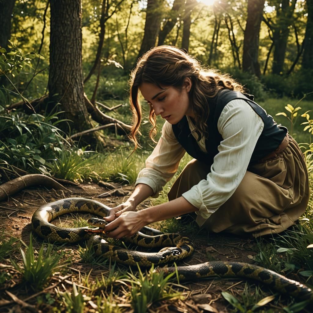1800s Woman Confronts Snake in Meadow