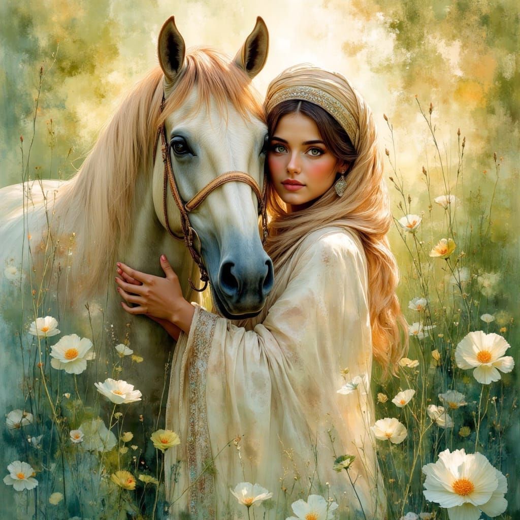 Bedouin Woman and Horse in Oasis, Oil Painting