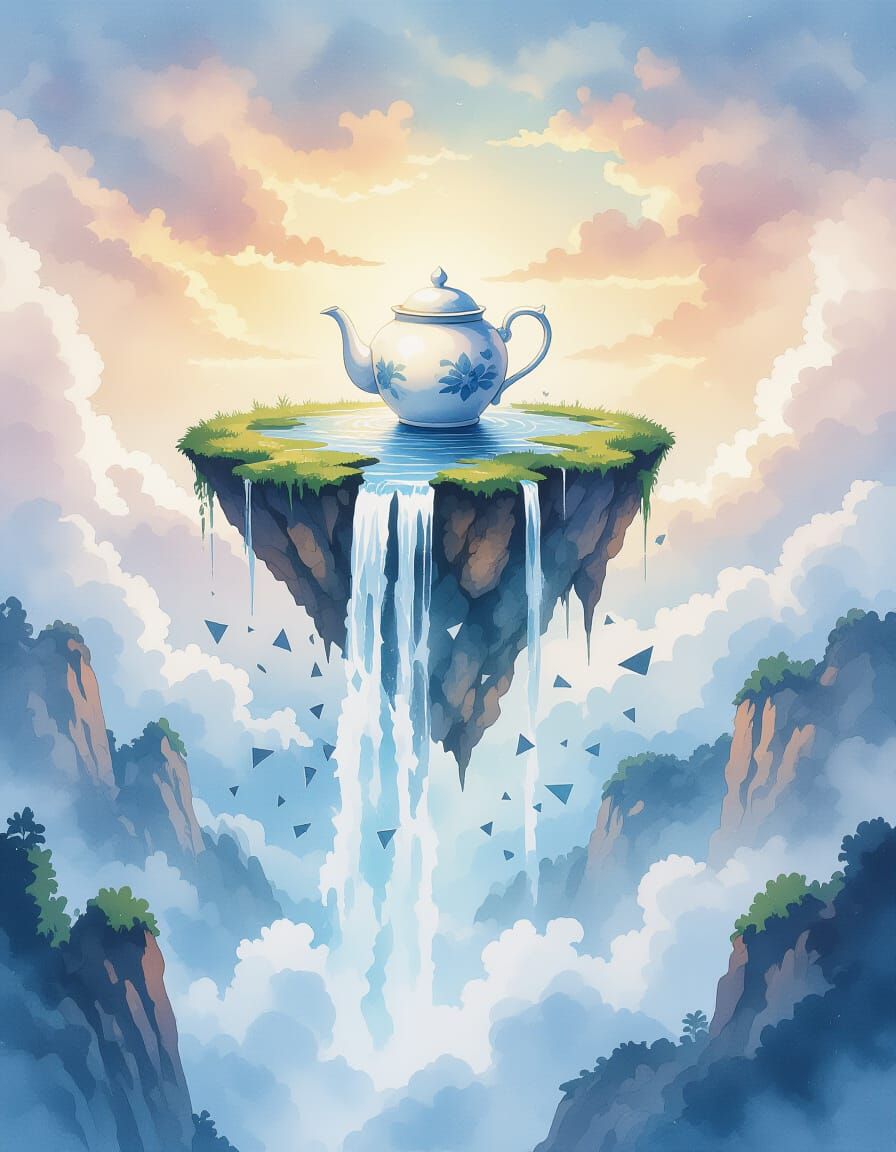 Waterfall Cascading from Floating Island as Watercolor