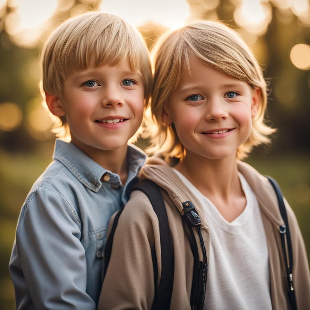 Portrait of Blond Mother and Brunette Son