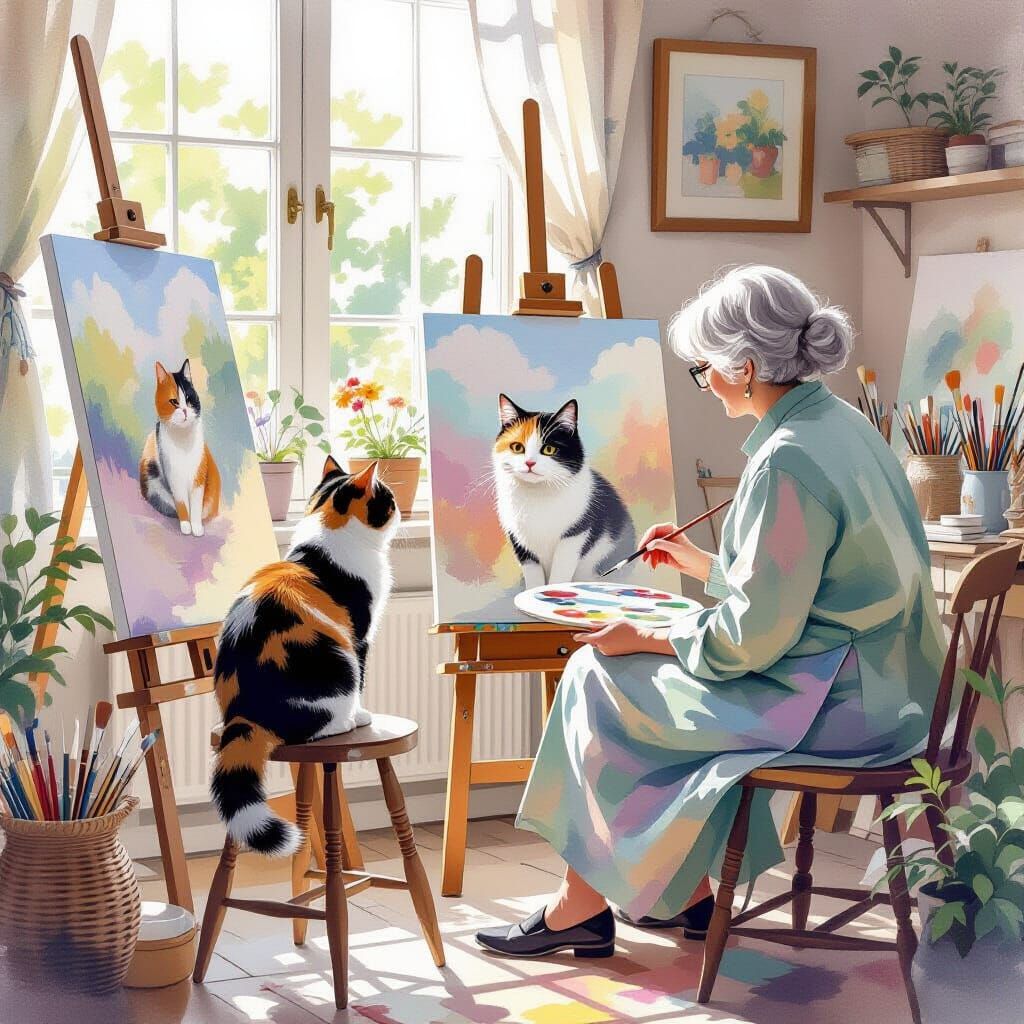 Cozy Atelier: Calico Cat and Watercolor Artist