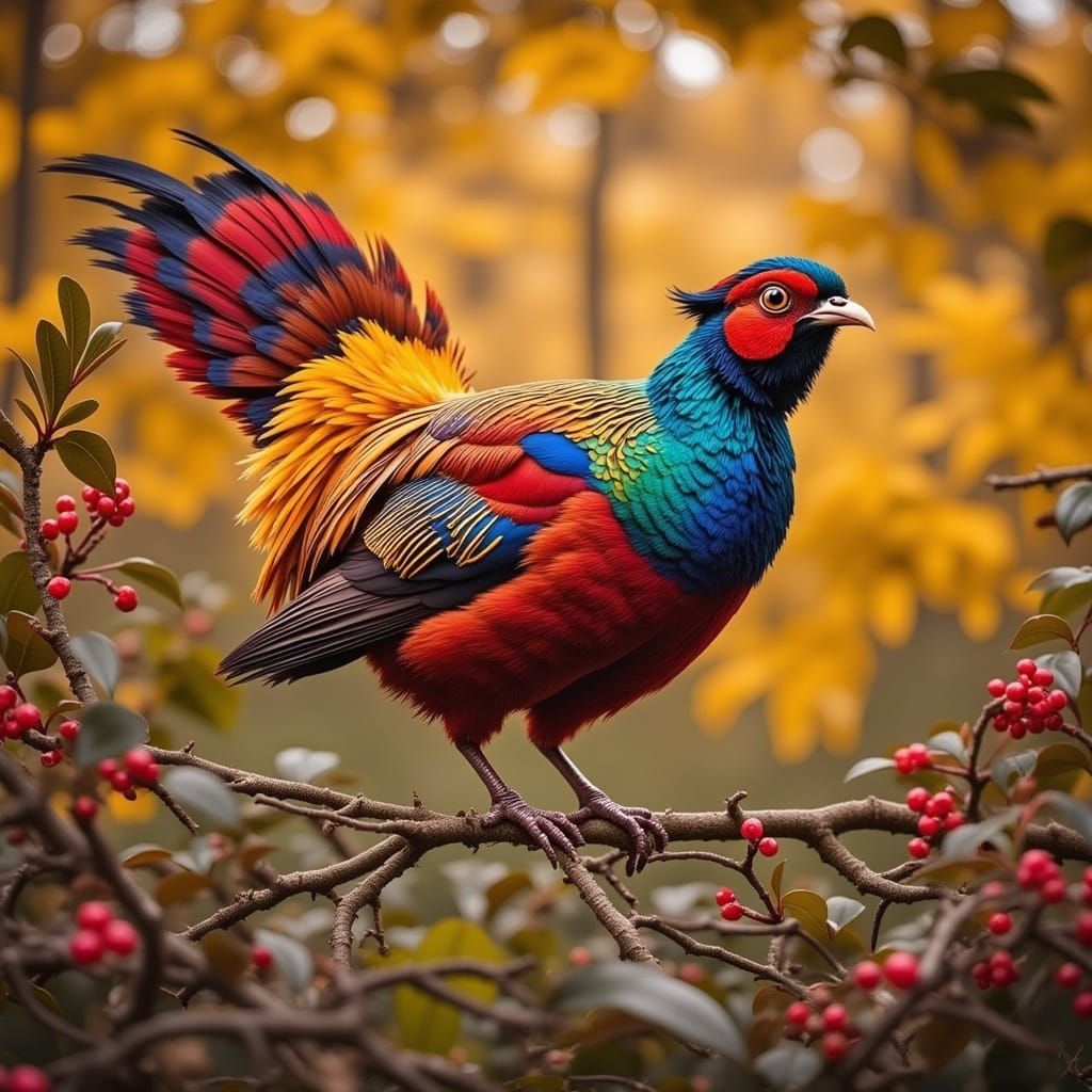 Golden Pheasant Amidst Flame of the Forest in Hyperrealism