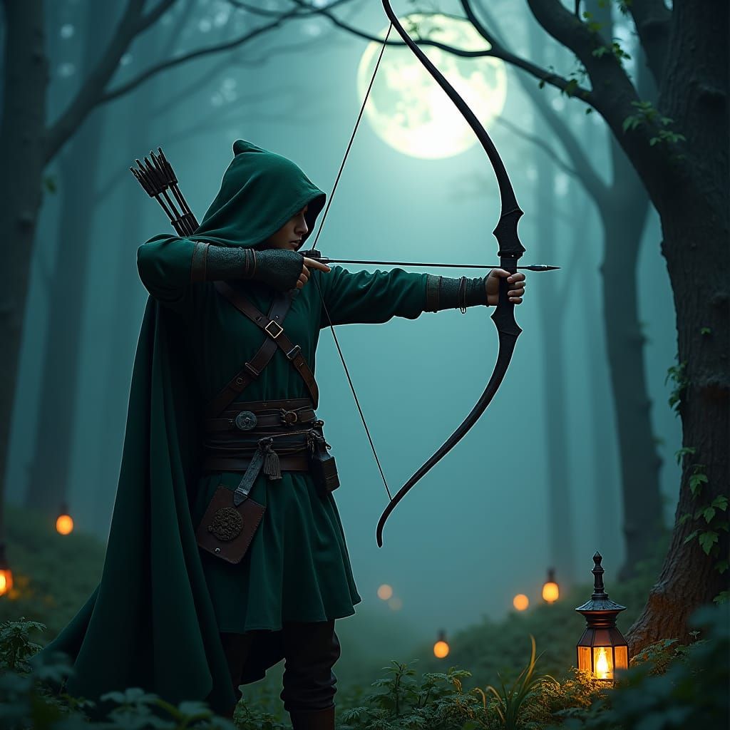 Elf Ranger in Moonlit Forest, Digital Art
