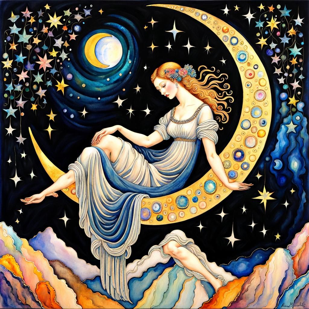 Angel on Moon in Watercolor Cosmic Style