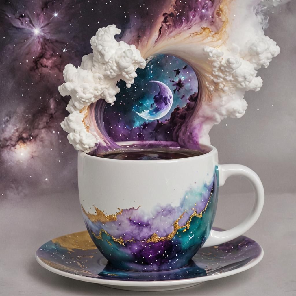 Celestial Crescent Moon Coffee Nebula in Watercolor Style