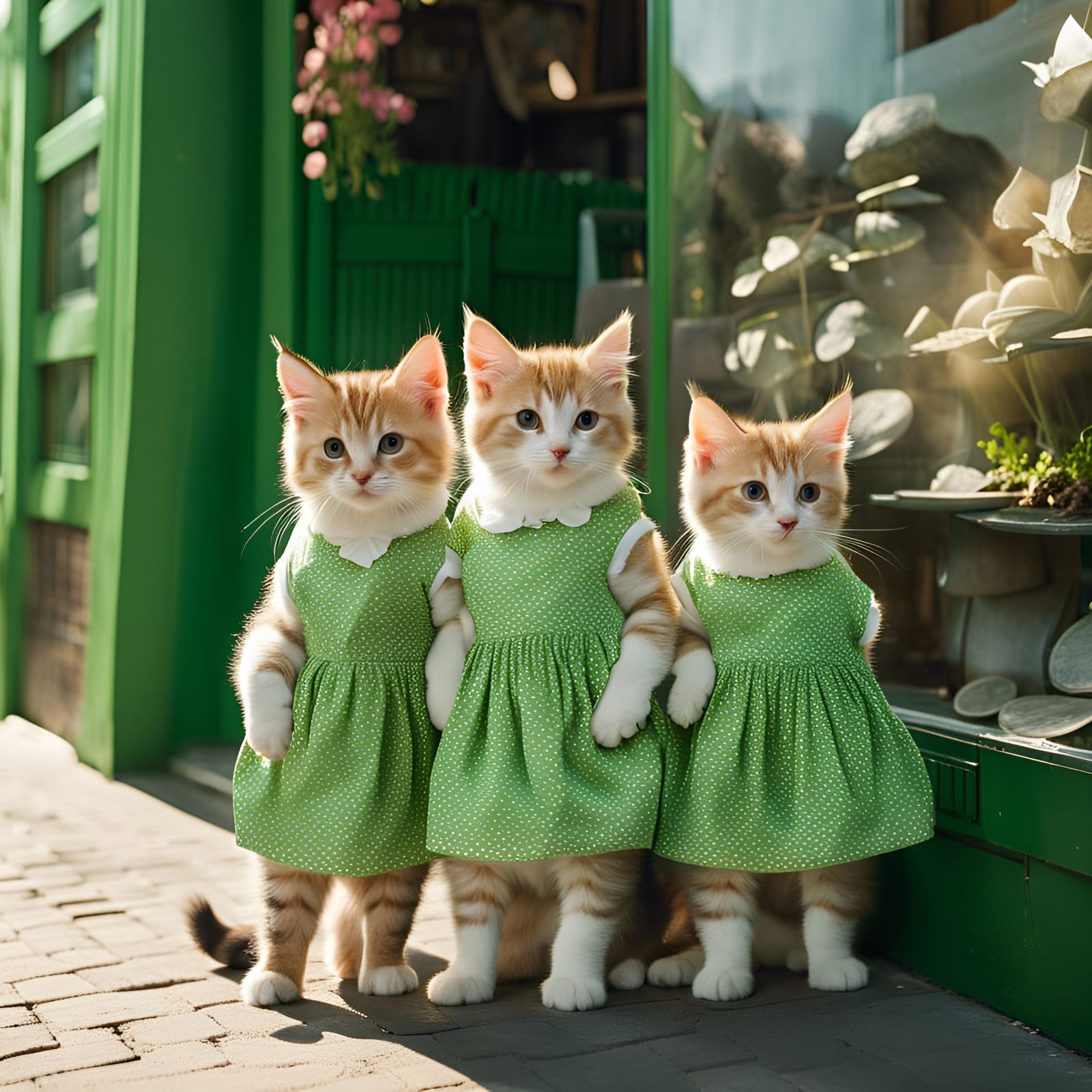 Anthropomorphic Kittens in Front of Green Store
