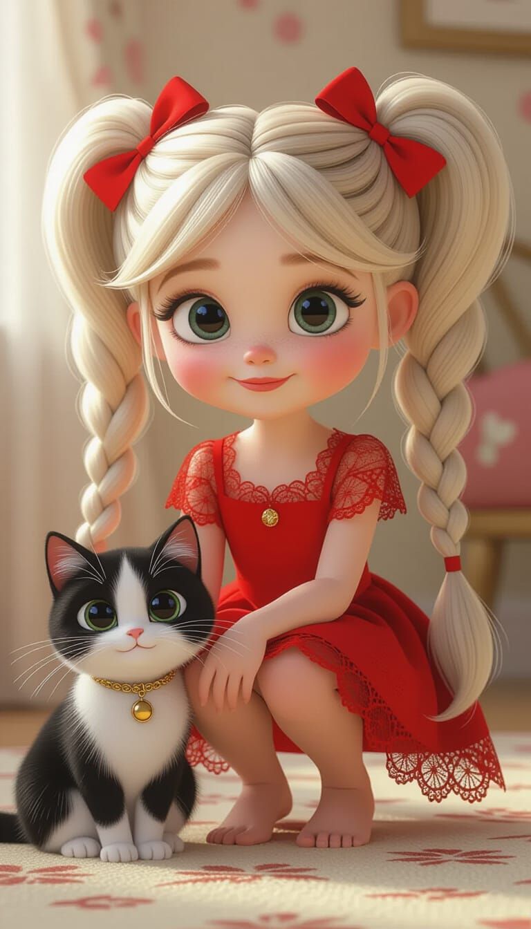 Girl with Cat in Warm, Whimsical Cartoon Style