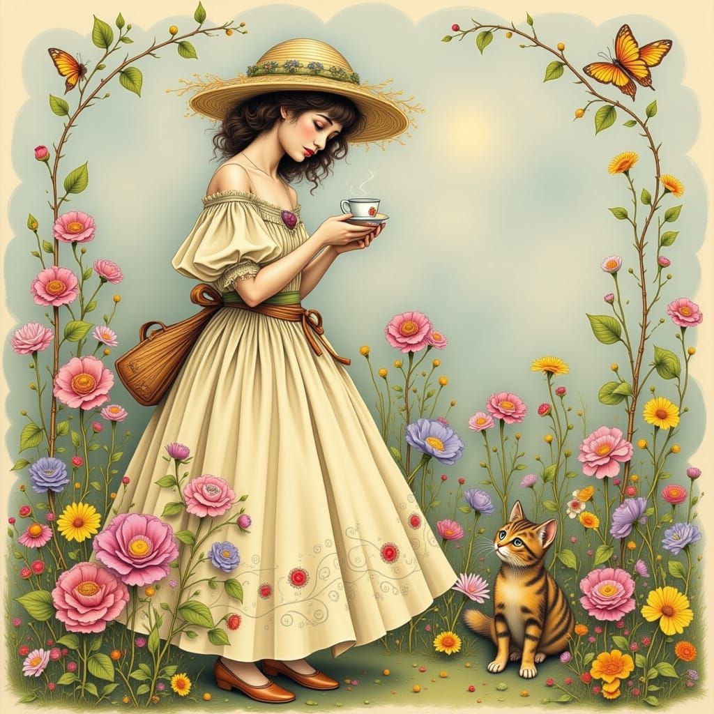 Whimsical Girl and Cat in Fantasy Style