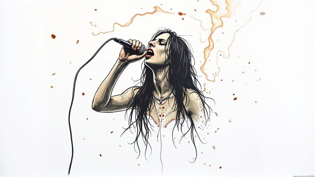 Surreal Comic Illustration of a Female Metal Musician in Pen...