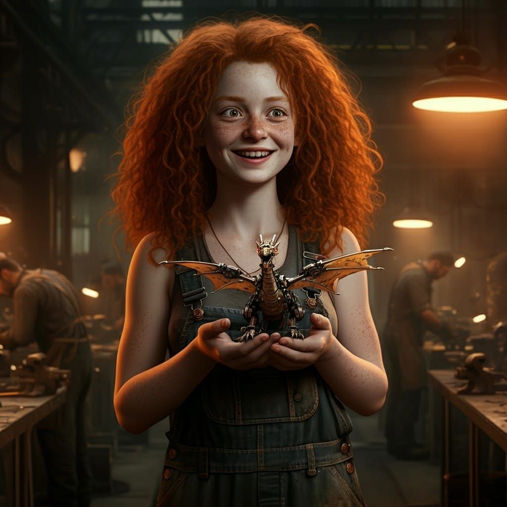 Scottish Girl with Mechanical Dragon, in Dieselpunk Style