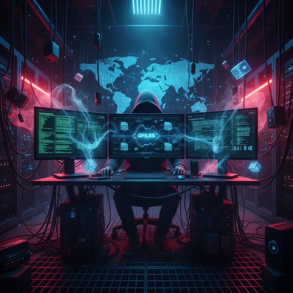 Cyberpunk Hacker Den With Hooded Figure and Glowing Monitors