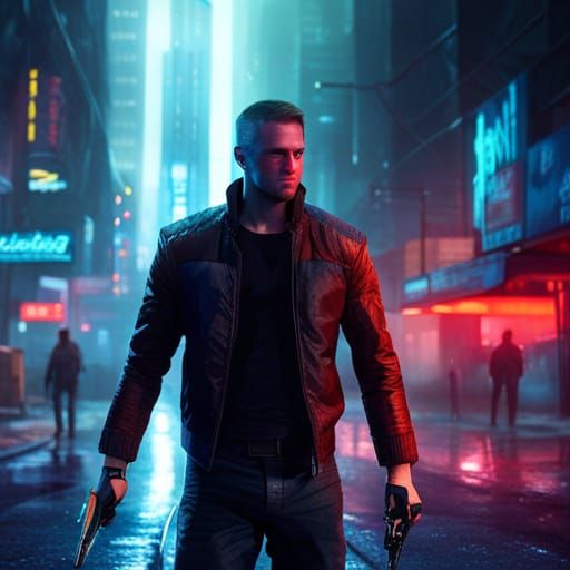 Neon-Lit Homeless Man in Cyberpunk Alley