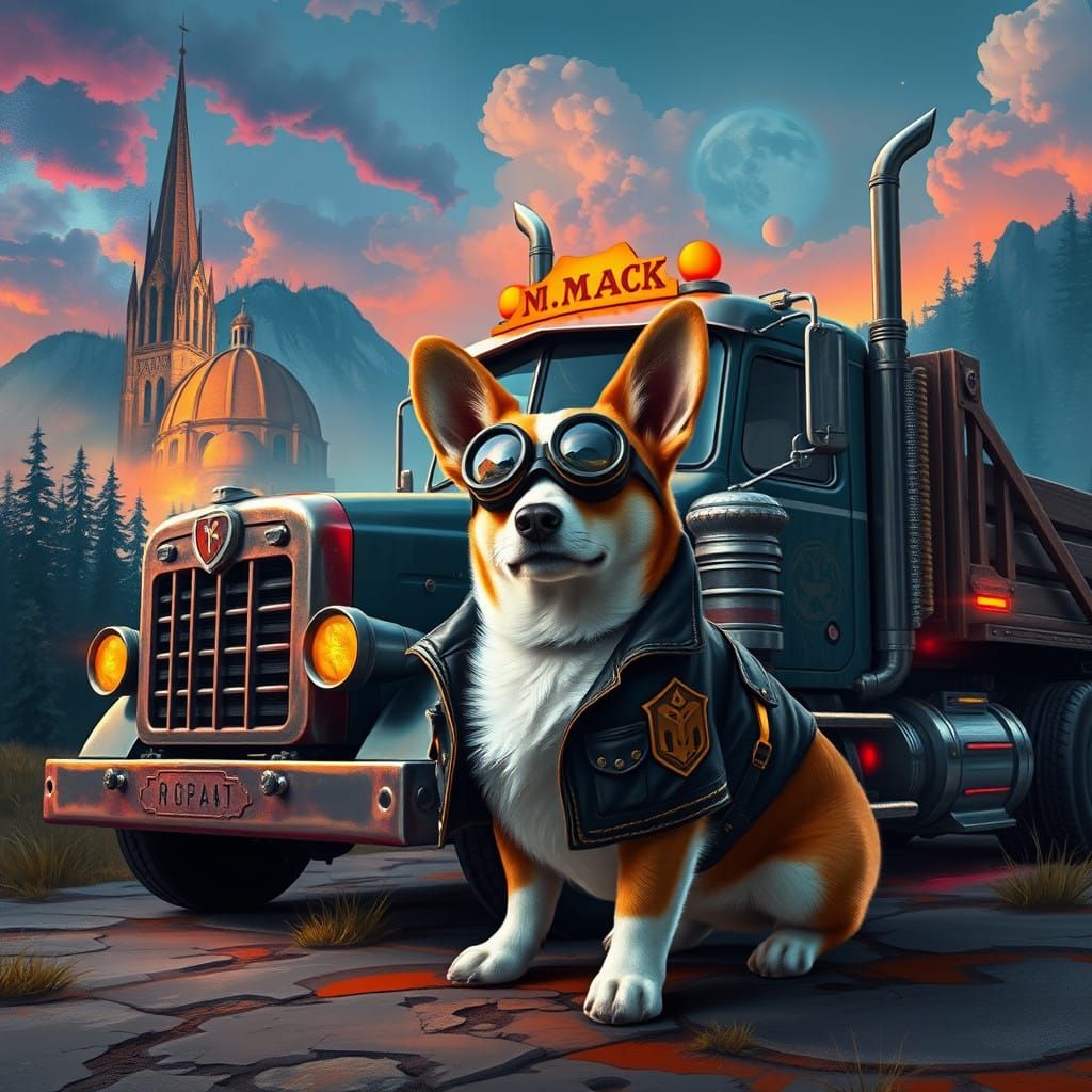 Mystical Corgi Guards Ancient Truck of Wonder in Vibrant Fan...