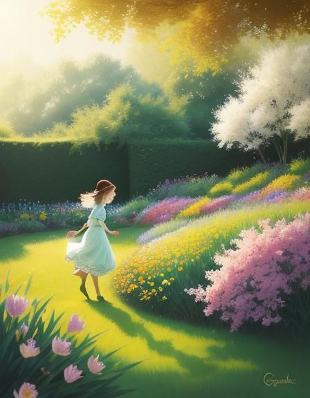 Girl in Impressionistic Garden on Sunday Morning