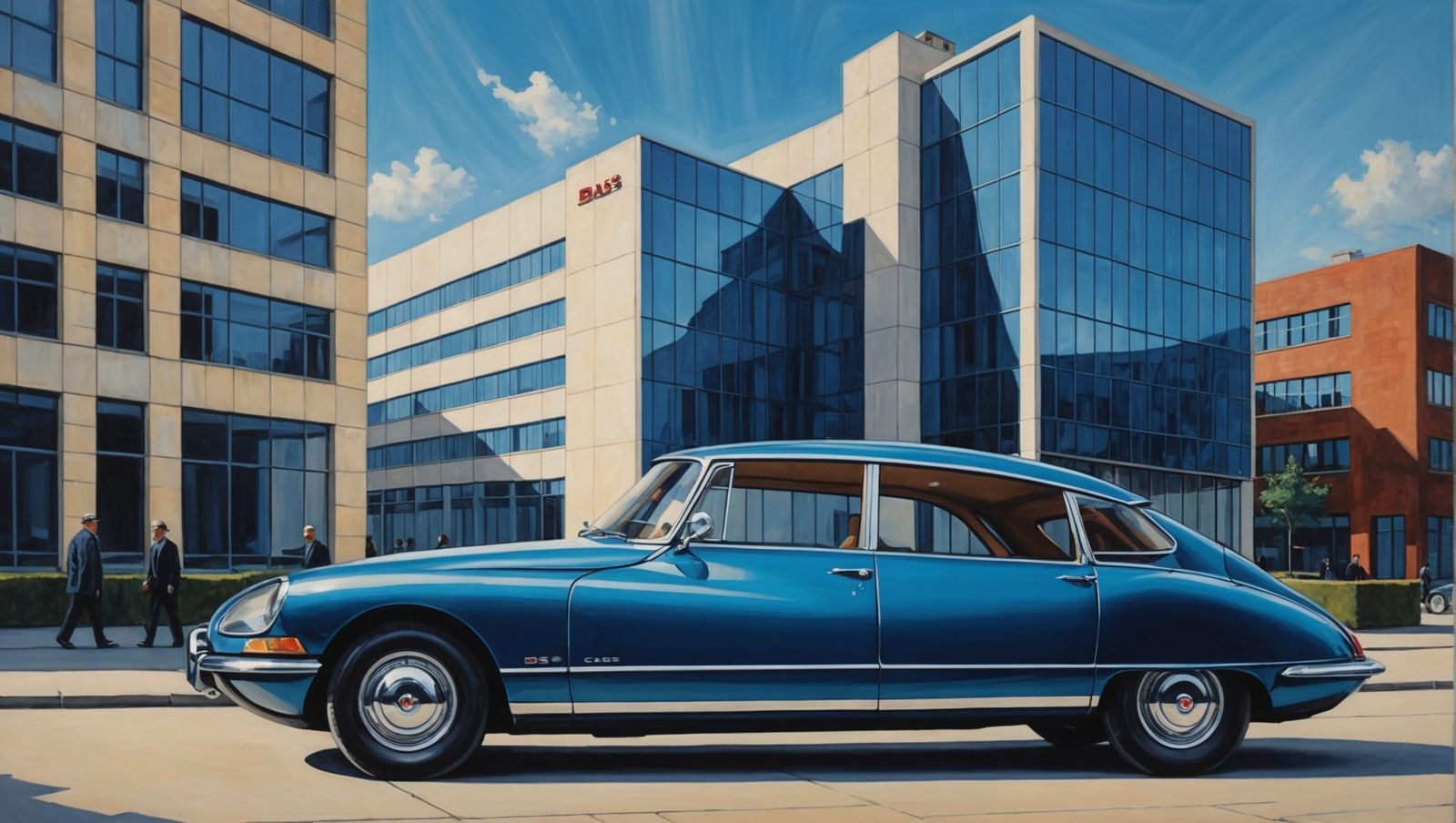 Citroën DS and Bauhaus Building in Acrylic Style