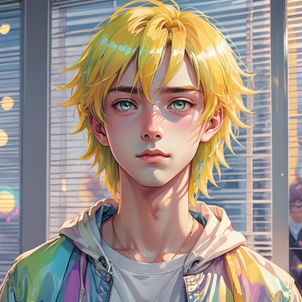 Anime Man with Neon Reflections in Pastel Colors