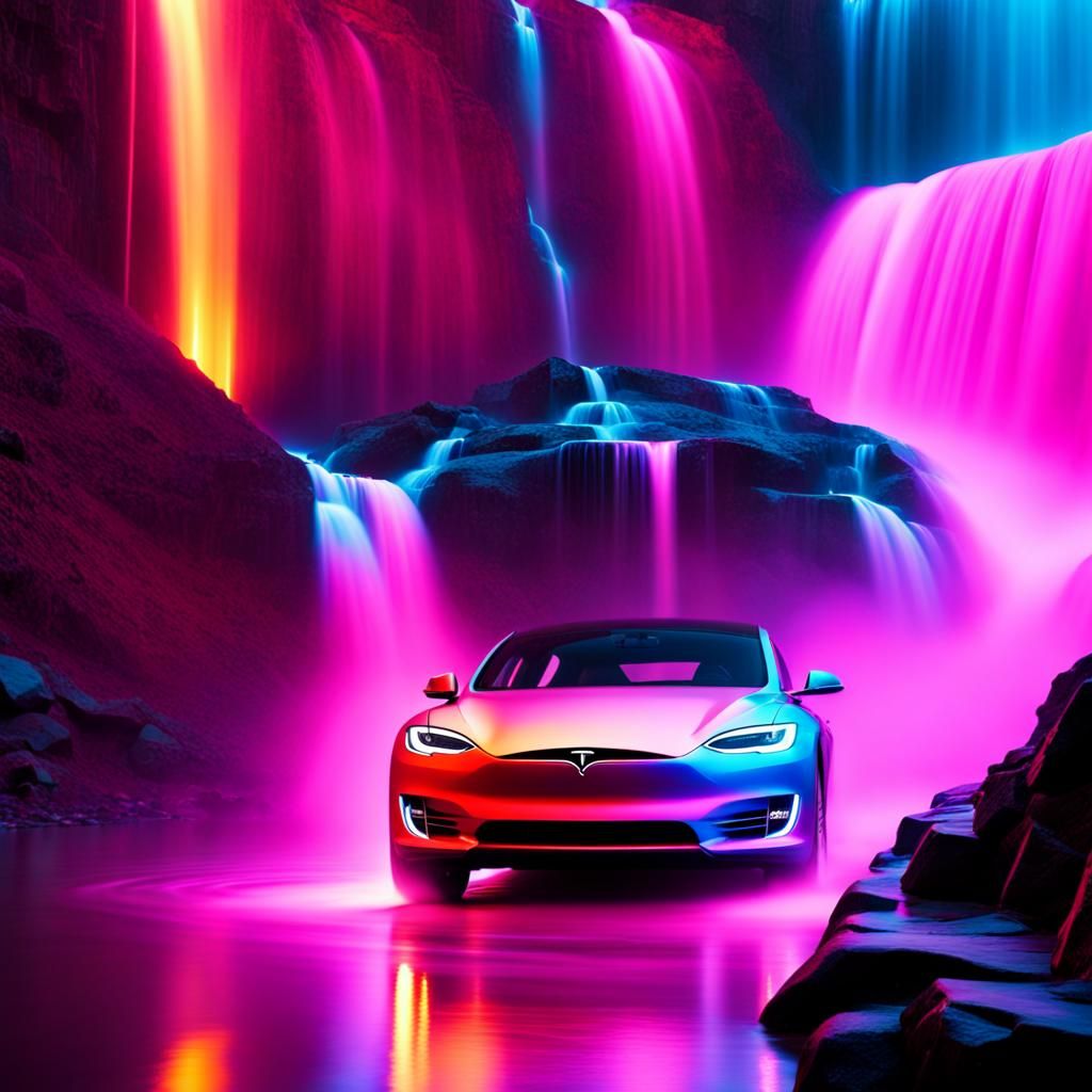 Neon Tesla Speeds Across Waterfall