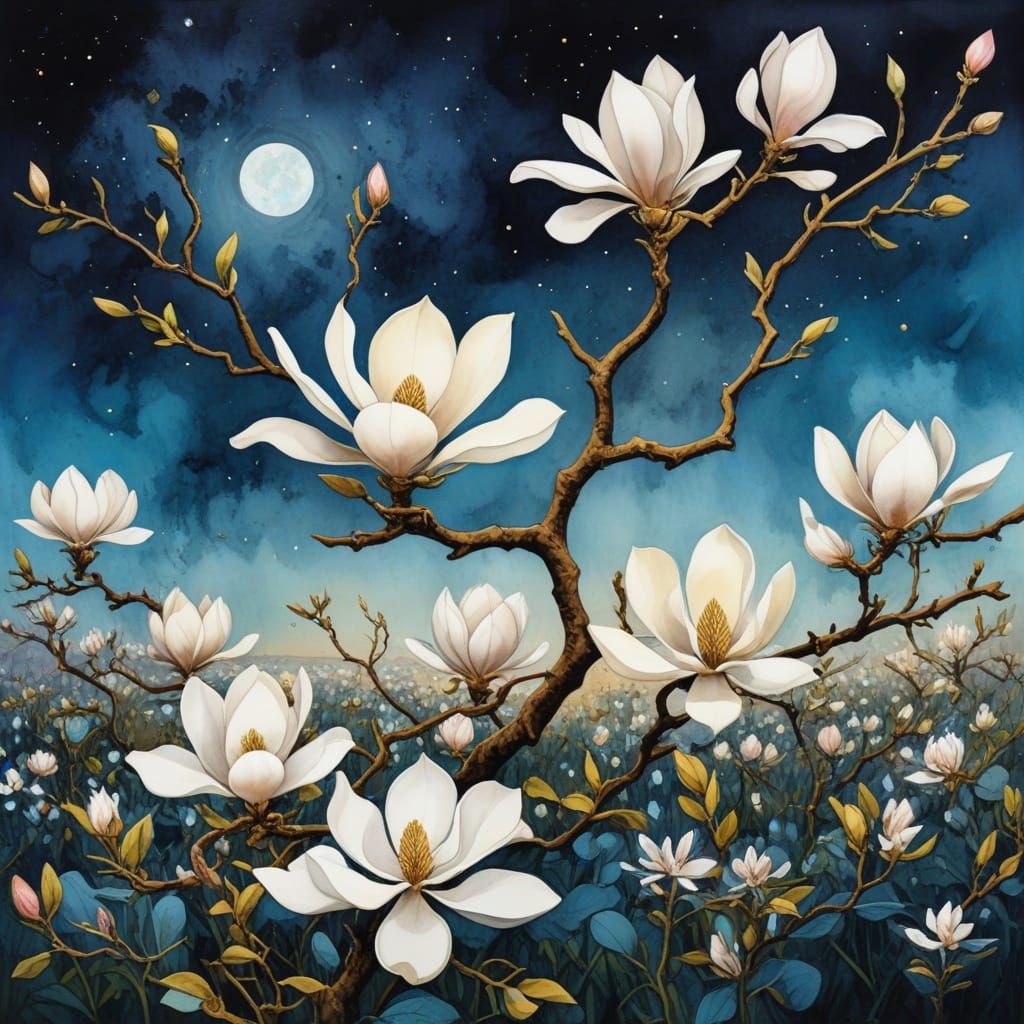 Blooming Magnolia Tree Under Starry Night Sky