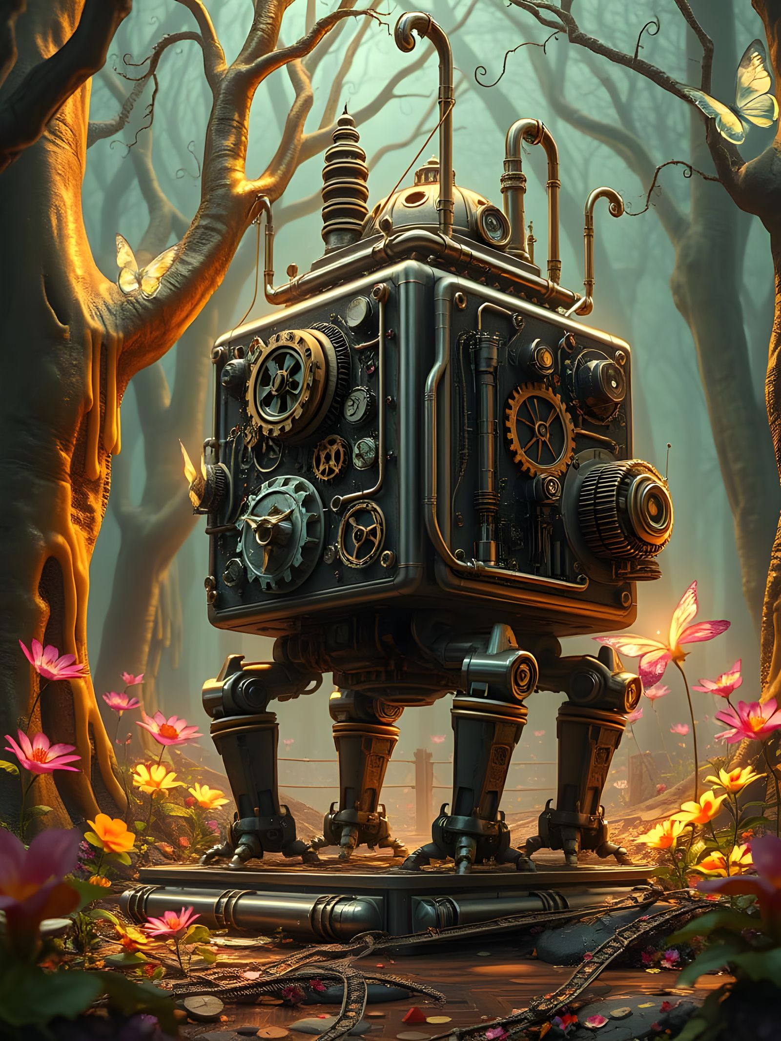 Steampunk Creature Roams Whimsical Forest Landscape