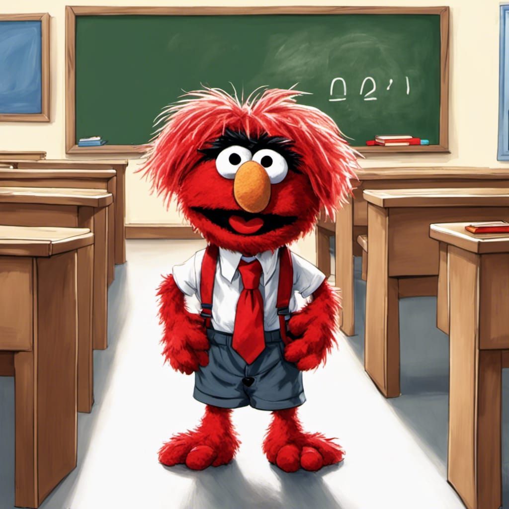 Red Muppet in School Uniform at Classroom