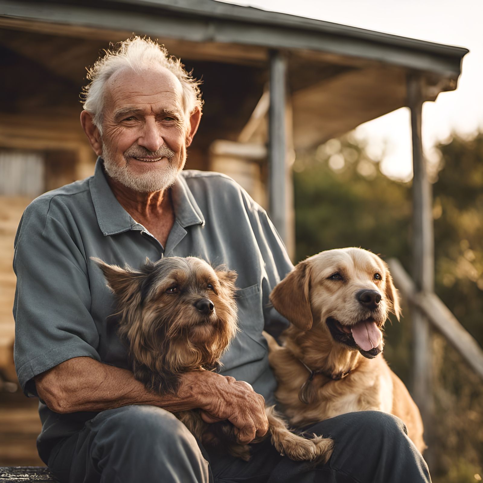 Old Man and Dog on Porch at Sunset