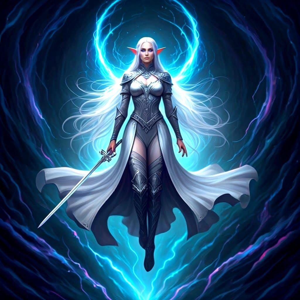 Elf with Sword in Lightning Storm, Hyperrealistic